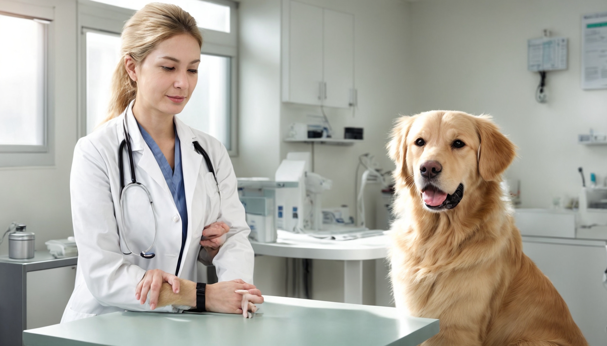 Veterinarian performing home-based pet health care assessment for a dog and cat