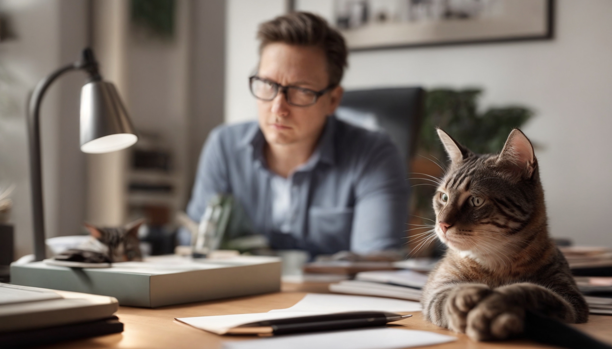 Cat owner gently caring for a calm cat on a modern desk indoors