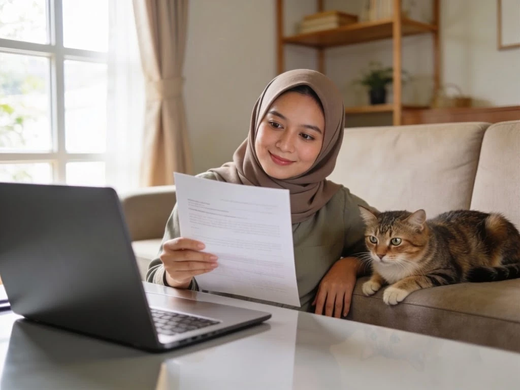 Indonesian owner performing domestic cat health care check on living room sofa