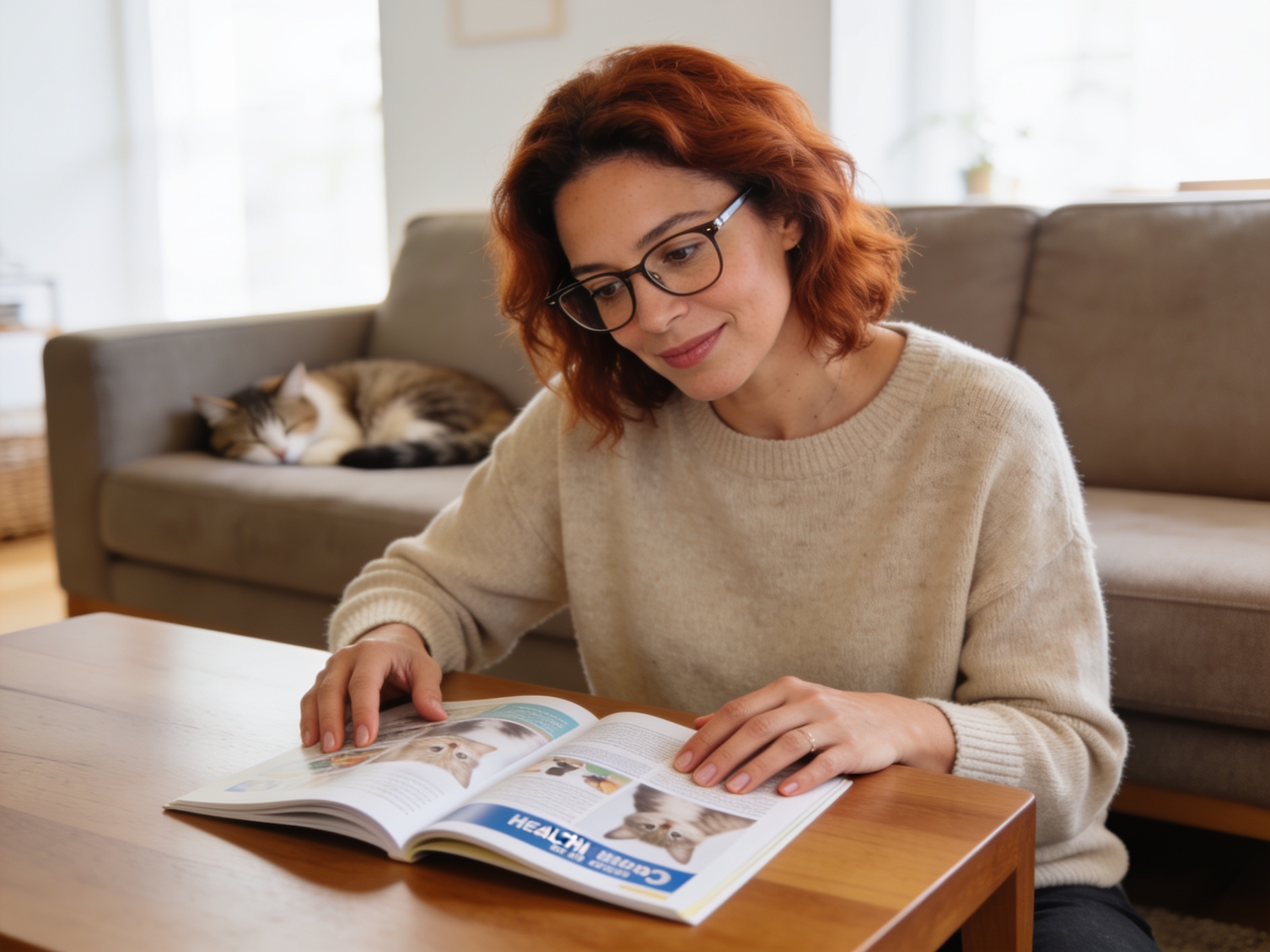 American woman reviewing a scientific cat care guide in a cozy living room setting.